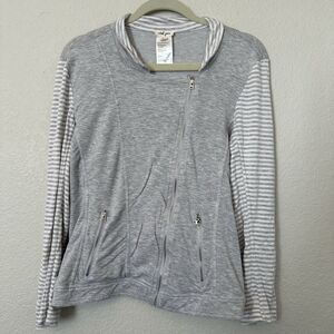Tribal Jeans Women’s Gray and White Zip Up Jacket Stripes Pockets Size L